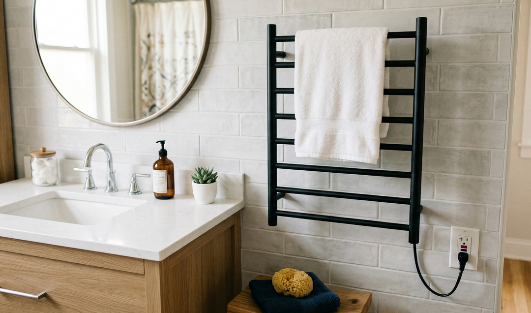 A modern matte black plug-in heated towel rack mounted on a light grey tiled bathroom wall, clearly plugged into a standard wall outlet. A fresh white towel is warming on the top rack.