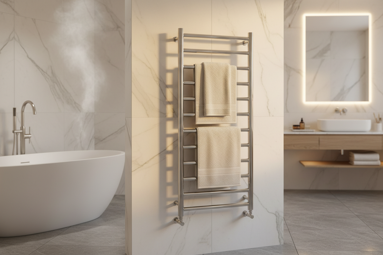 Amba towel warmer collection featuring premium heated towel racks in various finishes and styles