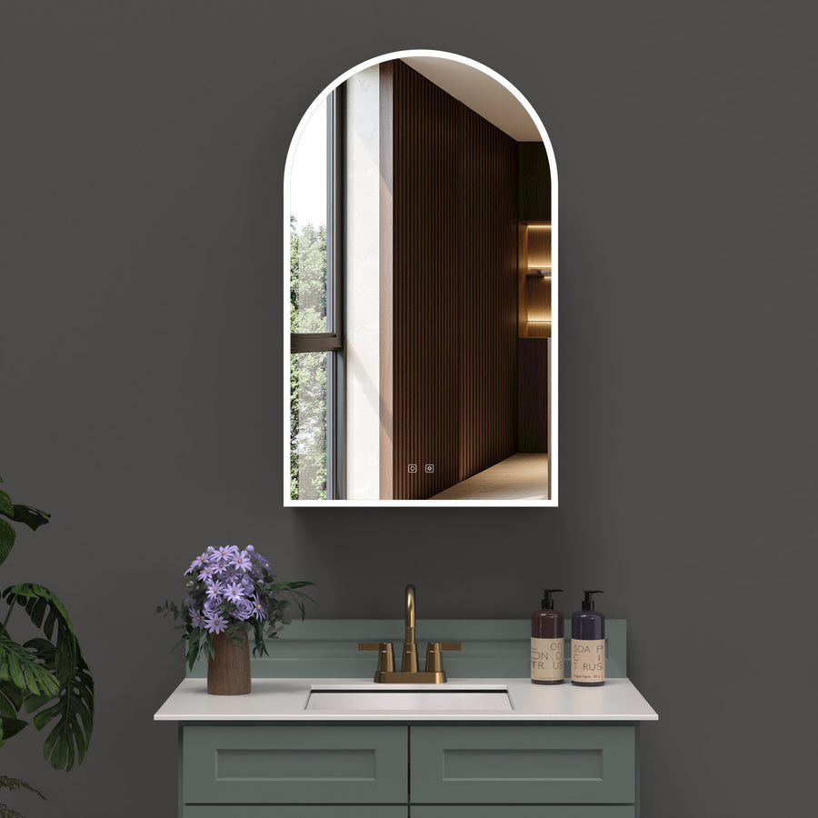 ICO Fern LED medicine cabinet IF2624, 24x40 arched LED mirror with defogger and dimmer, front view