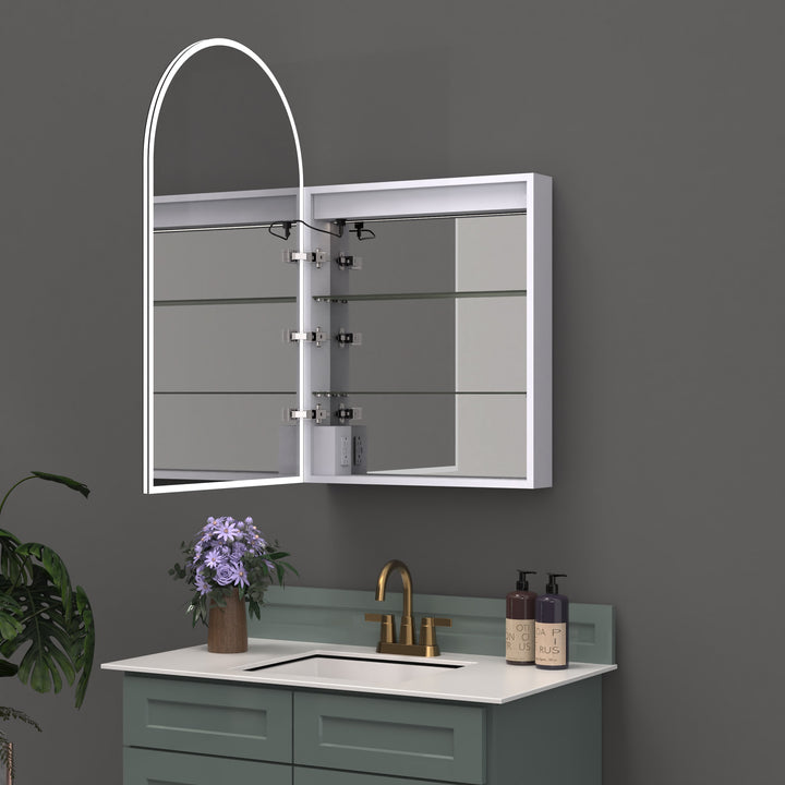 ICO Fern LED medicine cabinet IF2624 open, showing glass shelves, interior lighting and electrical outlets