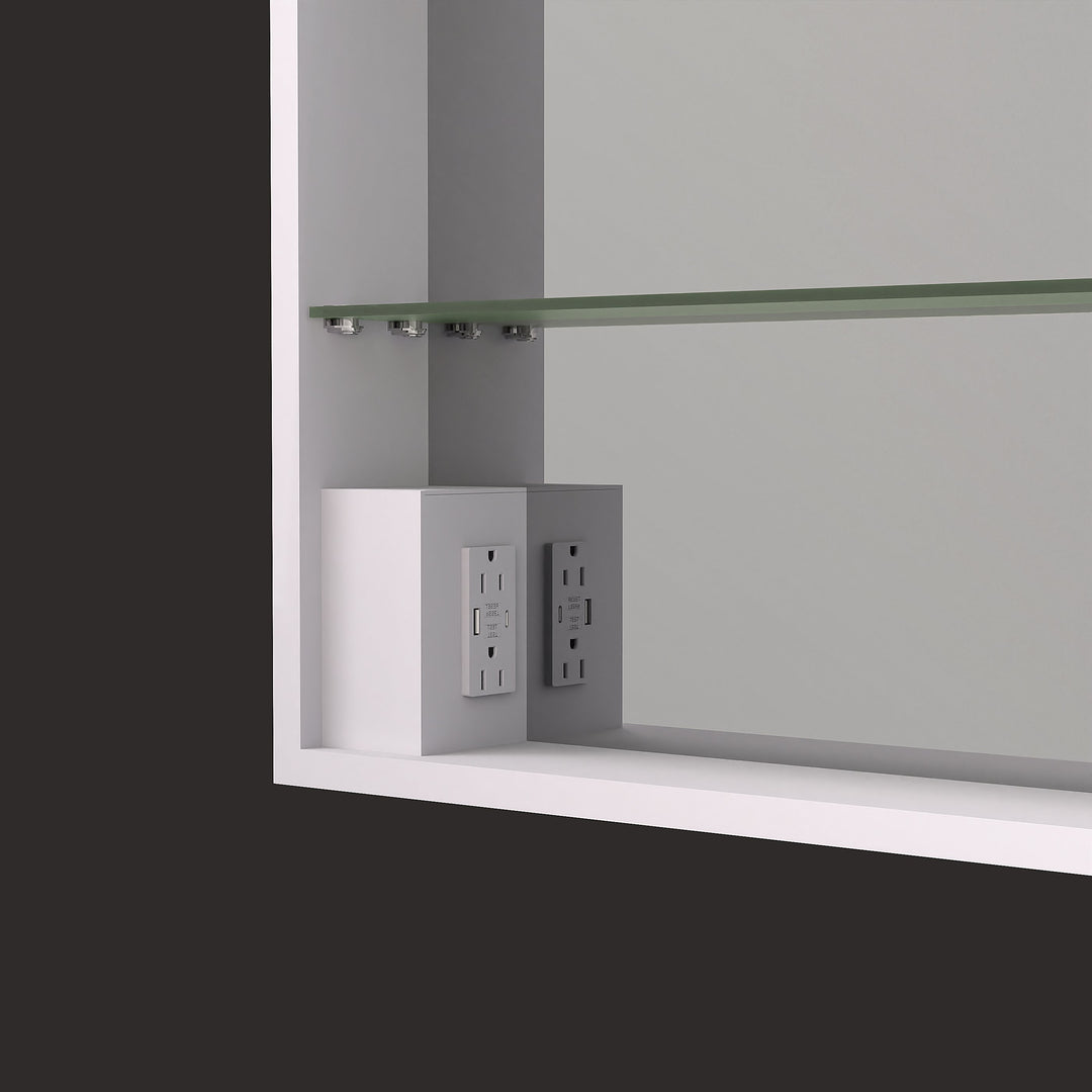 ICO Fern LED medicine cabinet IF2624 interior detail, GFCI outlet and adjustable glass shelf