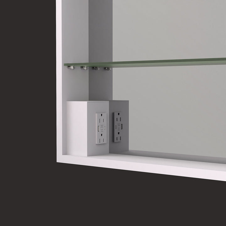 ICO Fern LED medicine cabinet IF2624 interior detail, GFCI outlet and adjustable glass shelf