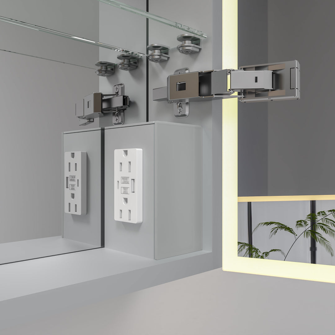 ICO Jackson LED medicine cabinet IJ1114 soft-close hinge and interior outlet detail