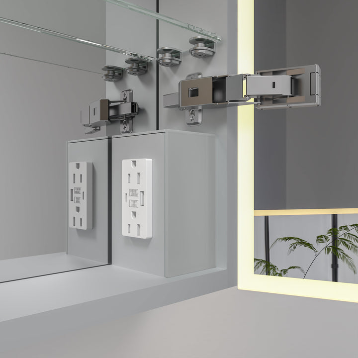 ICO Jackson LED medicine cabinet IJ1114 soft-close hinge and interior outlet detail