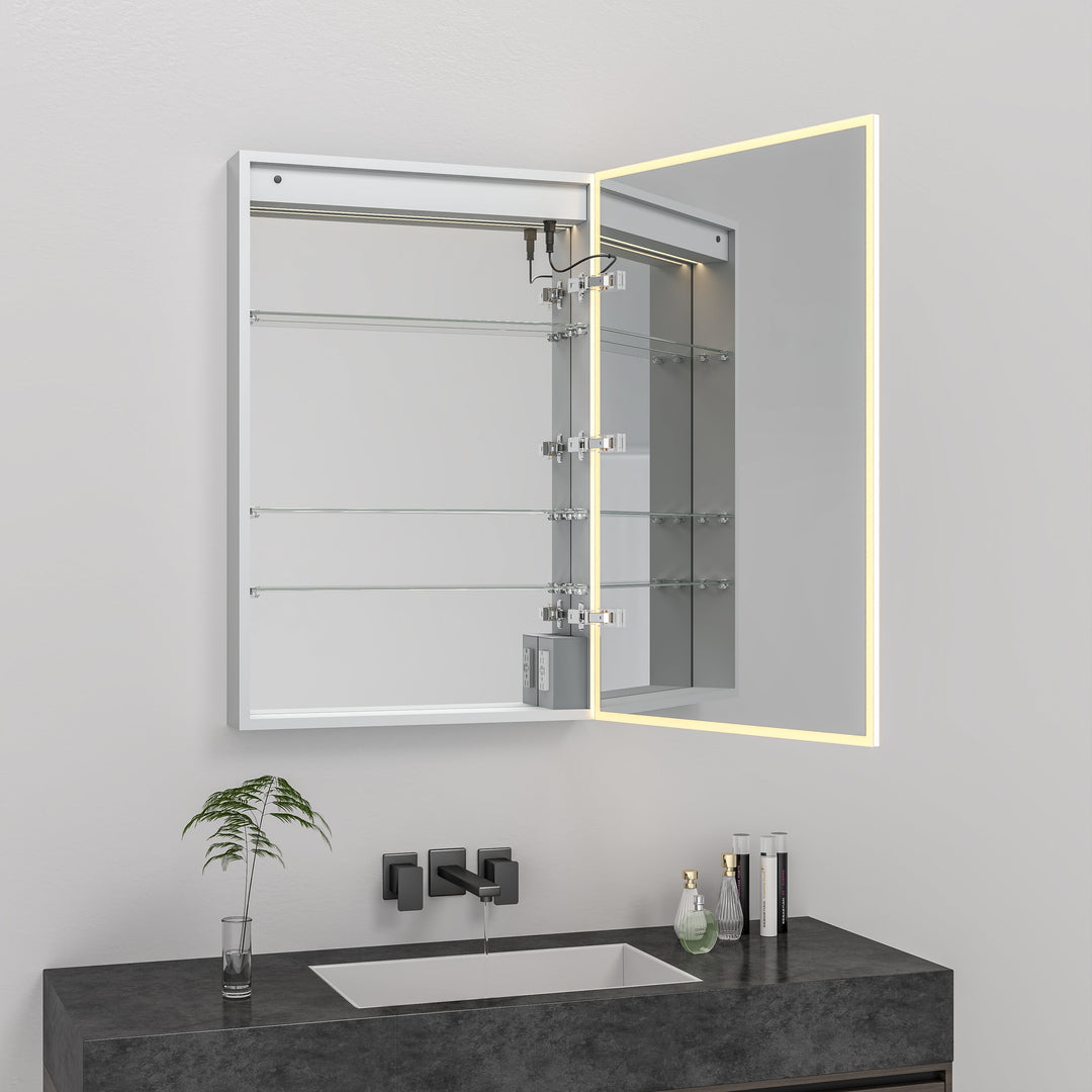 ICO Jackson LED medicine cabinet IJ1114 open, showing mirrored interior, glass shelves and outlets
