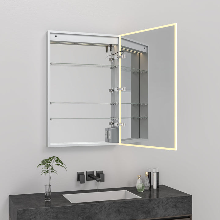 ICO Jackson LED medicine cabinet IJ1114 open, showing mirrored interior, glass shelves and outlets