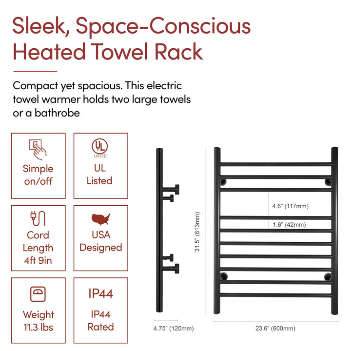 WarmlyYours Infinity Straight Dual Connect (Hardwired and Plug in) Towel Warmer  - 23.6"w x 32"h