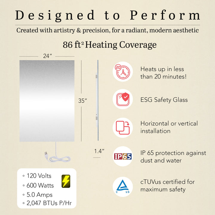 Warmlyyours IP-EM-GLS-MIR-0600 Ember Mirror Radiant Panel 35" x 24" - only towel warmers