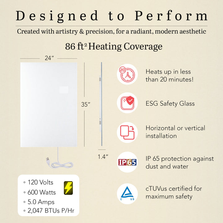 Warmlyyours IP-EM-GLS-WHT-0600 Ember Heating Panel 35" x 24" - only towel warmers