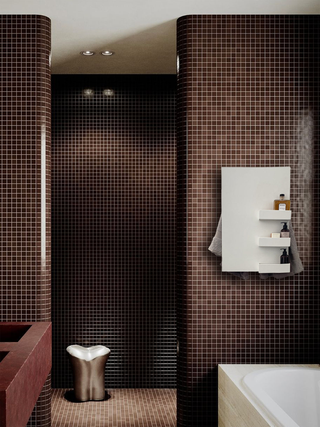 MG12 Geometrici Rectangle and Shelf towel warmer in white in a dark mosaic tile bathroom