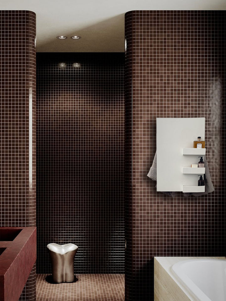 MG12 Geometrici Rectangle and Shelf towel warmer in white in a dark mosaic tile bathroom