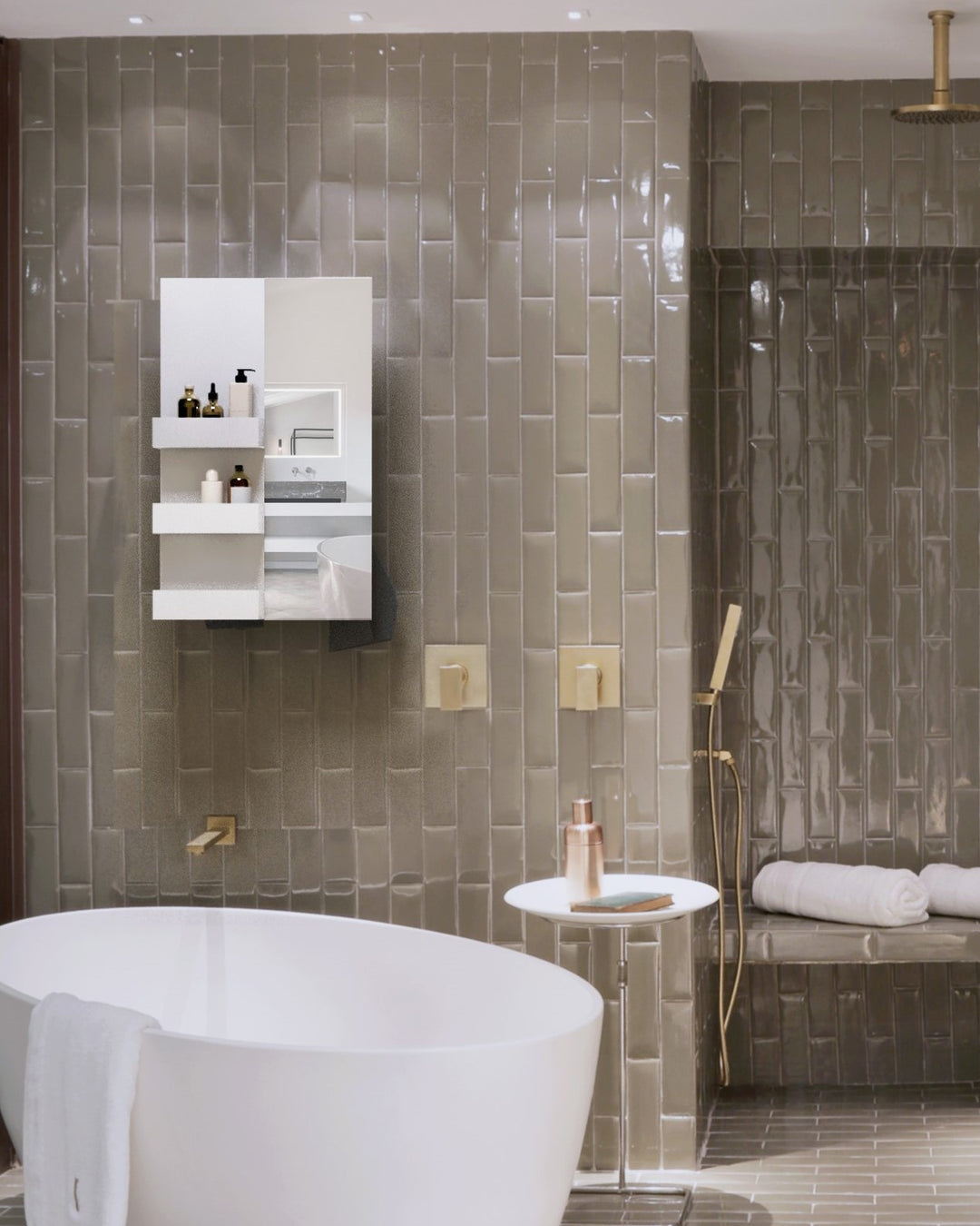 MG12 Geometrici Rectangle and Shelf towel warmer with mirror in a tiled bathroom with a freestanding tub