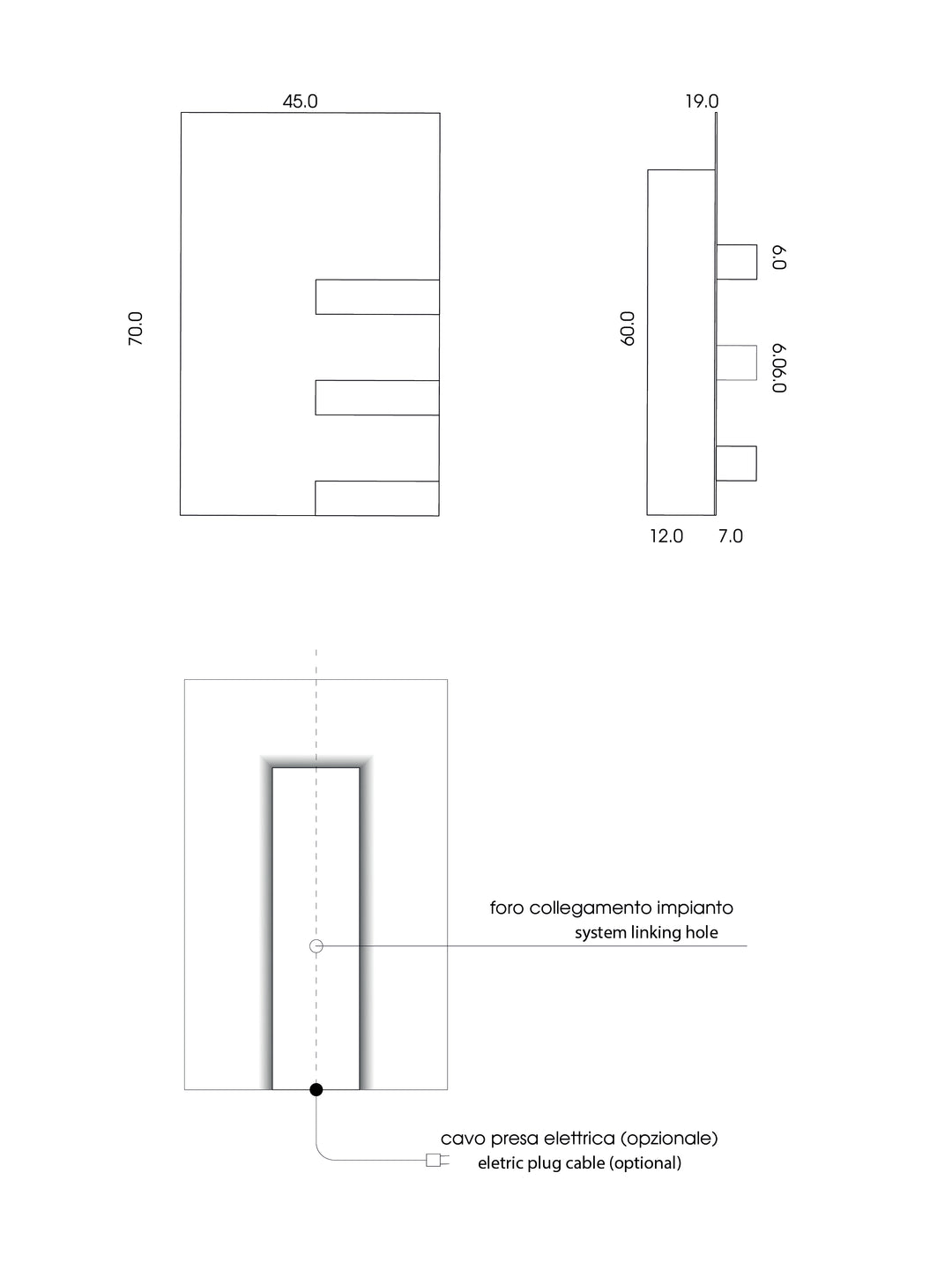 MG12 Geometrici Rectangle and Shelf towel warmer technical drawing with dimensions
