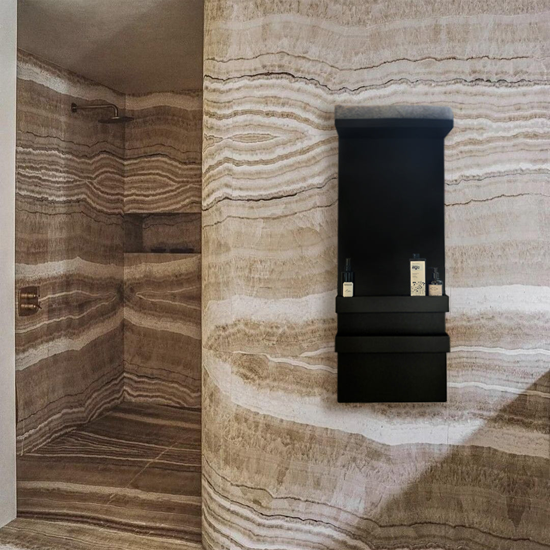 MG12 Geometrici Shelf towel warmer in black in a marble bathroom
