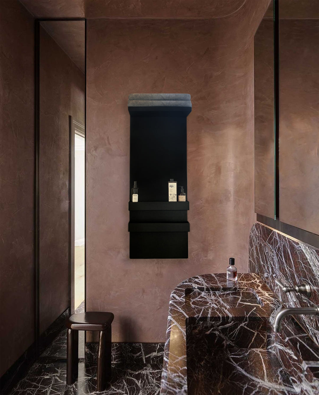 MG12 Geometrici Shelf towel warmer in black in a stone tile shower room
