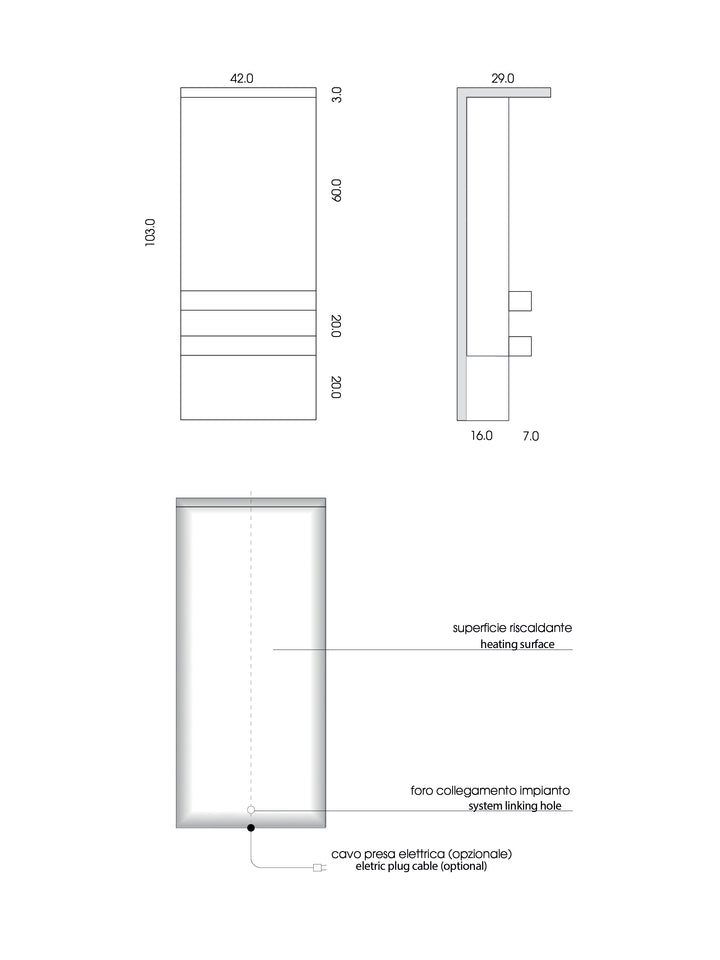 MG12 Geometrici Shelf towel warmer technical drawing with dimensions