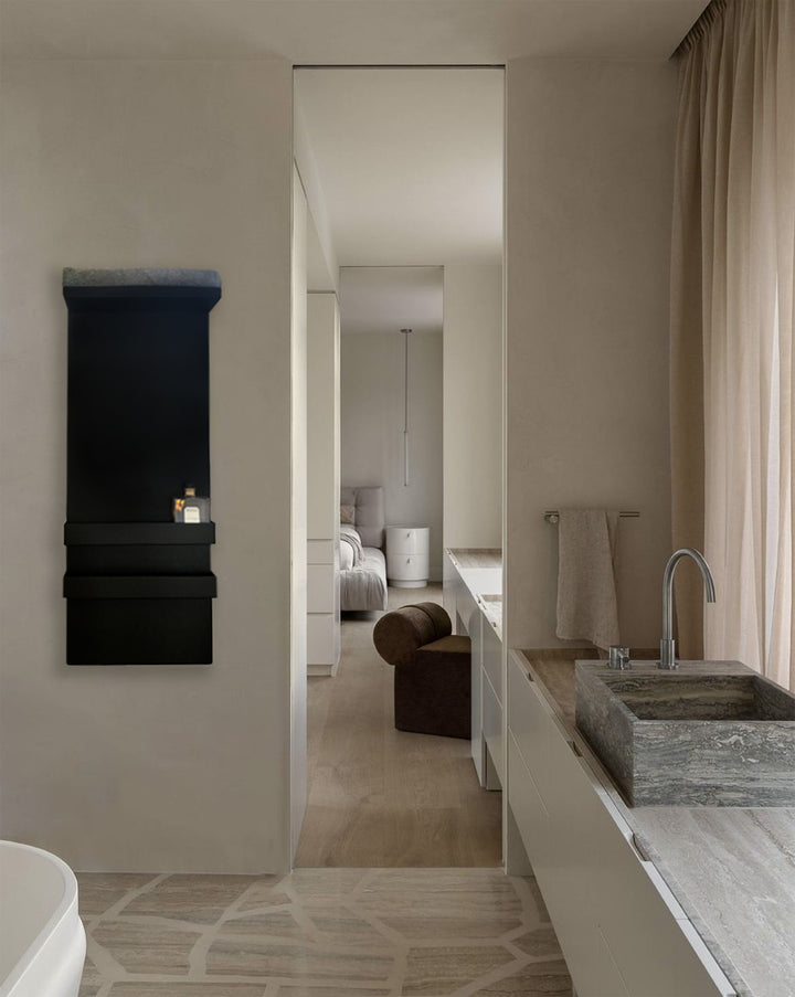 MG12 Geometrici Shelf towel warmer in white - close-up of the heated shelves with a towel and toiletries