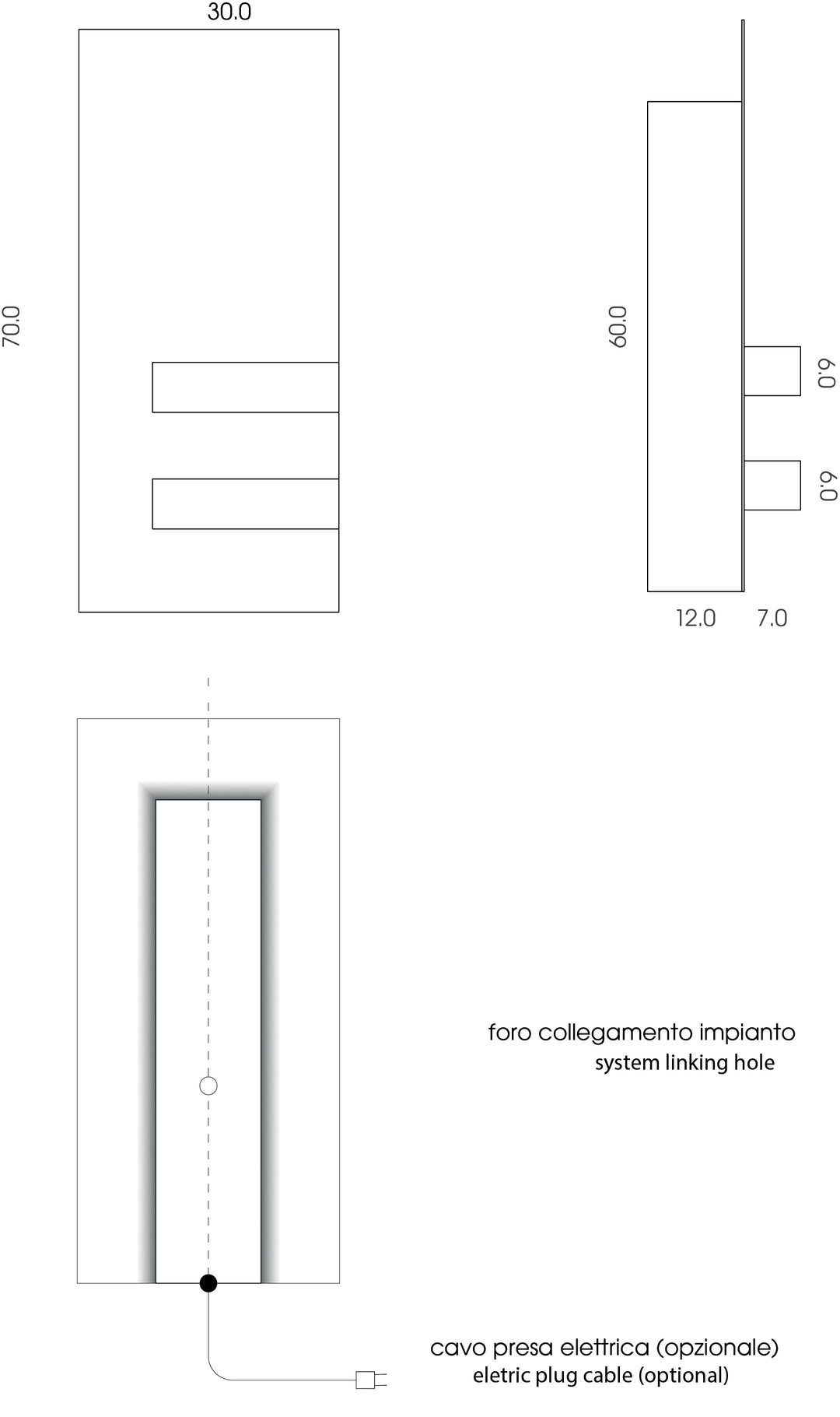 MG12 Geometrici Slim and Shelf towel warmer technical drawing with dimensions