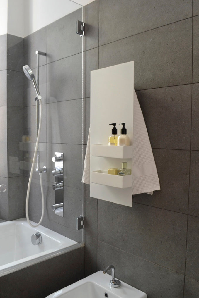 MG12 Geometrici Slim and Shelf towel warmer in white in a grey tile shower bathroom