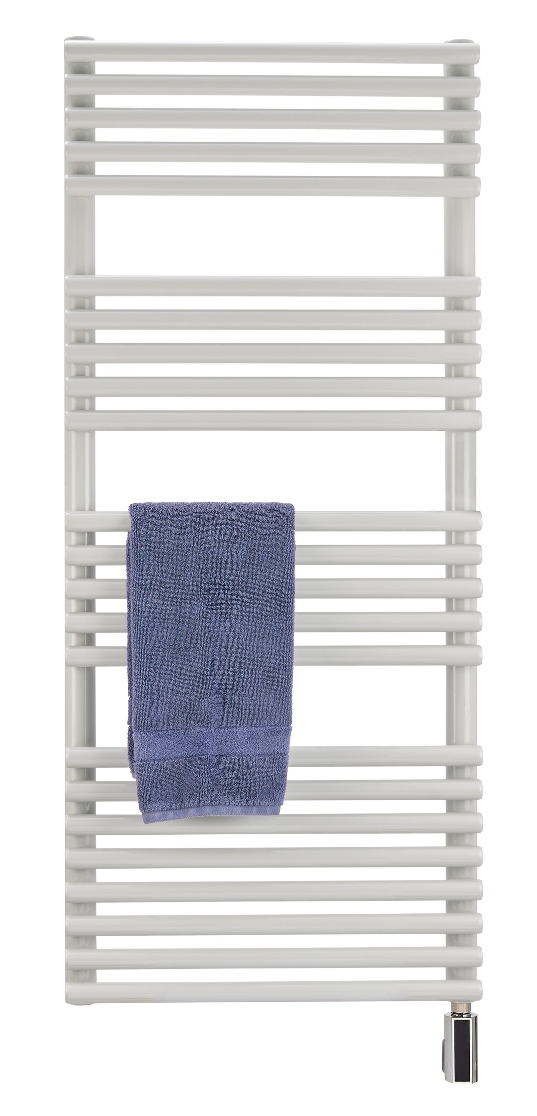 Runtal Neptune electric towel warmer in white with a towel - front studio view