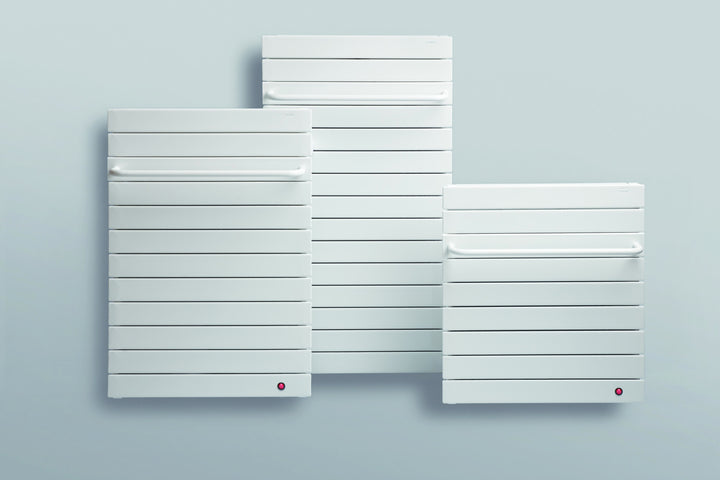 Runtal Omnipanel II electric towel warmers in white shown in three heights - OPII 9, OPII 12 and OPII 15