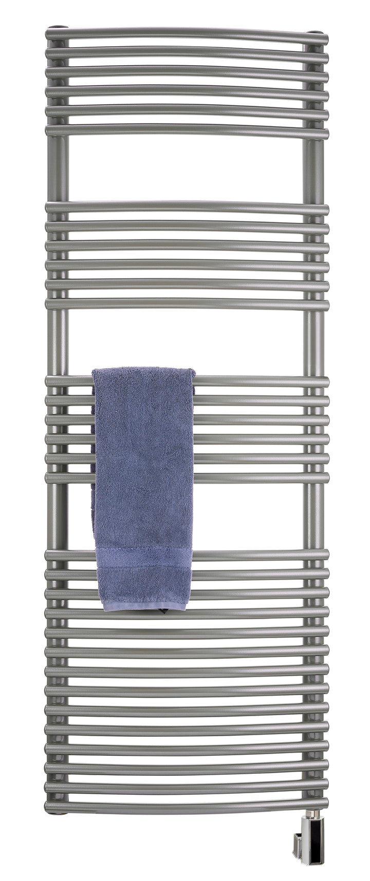 Runtal Solea electric towel warmer with curved bars and a blue towel - front studio view