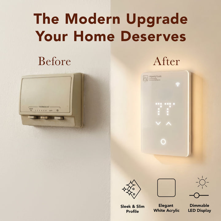 WarmlyYours nJoy WiFi thermostat mounted on a wall