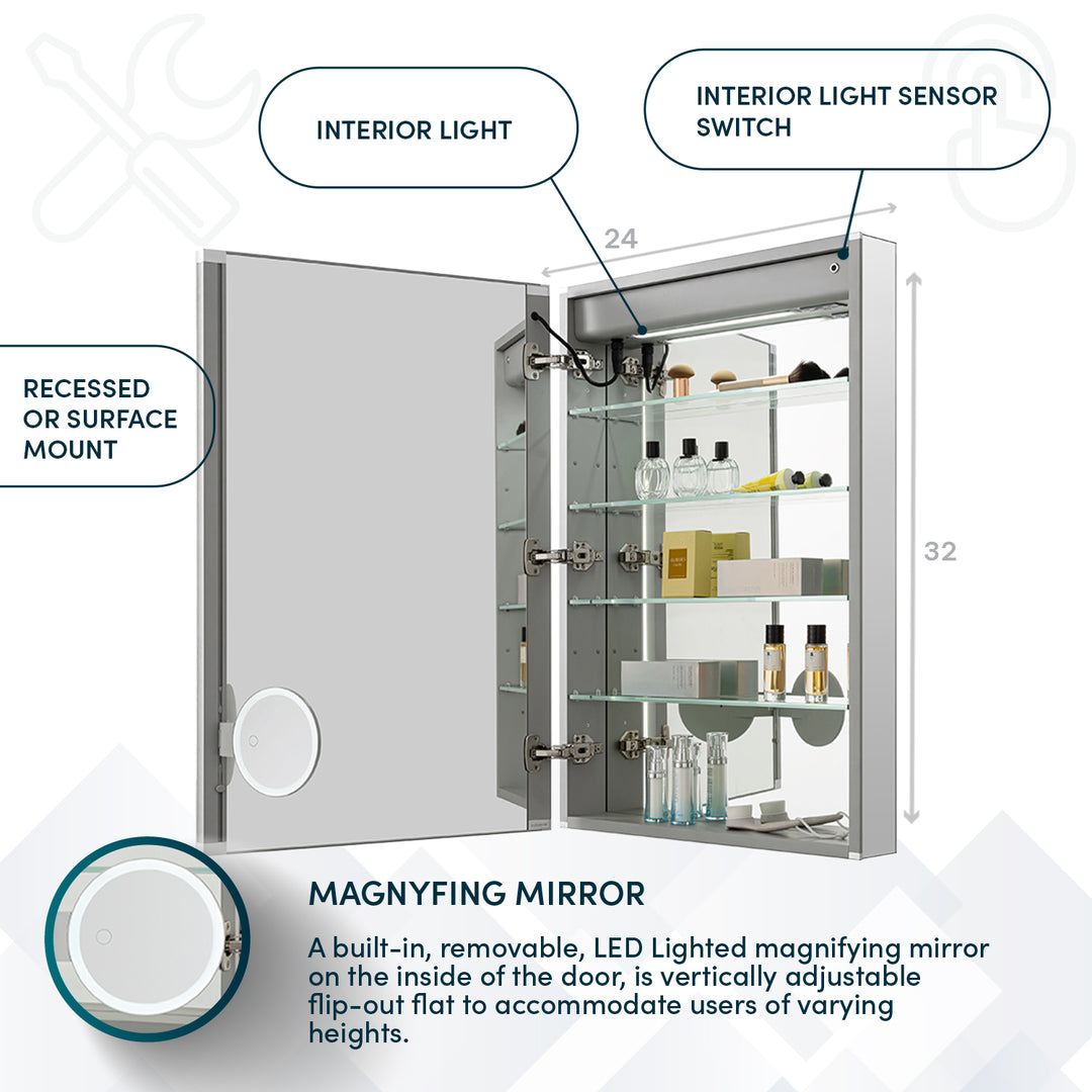 Aquadom Edge Royale 24x32 Right or Left Hinge LED Lighted Medicine Cabinet