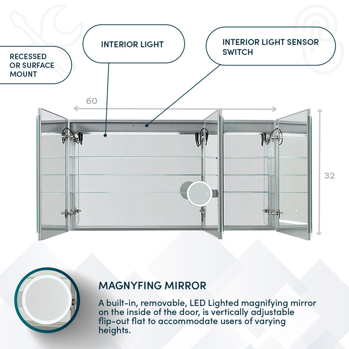 Aquadom Edge Royale 60x32 LED Lighted Triple Door Medicine Cabinet